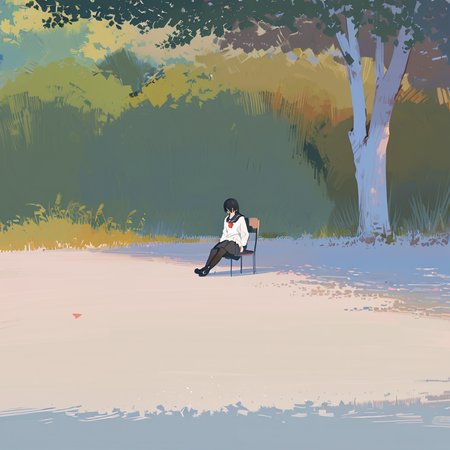 masterpiece, best quality,  <lora:style44-xl-a31:1>,1girl, solo, outdoors, black hair, sitting, grass, tree, school uniform, skirt, pantyhose, serafuku, long hair, sailor collar, scenery, black skirt, black pantyhose, wide shot, black sailor collar, long sleeves, shirt, white shirt, neckerchief, black footwear, pleated skirt, day, bangs, chair, shoes
