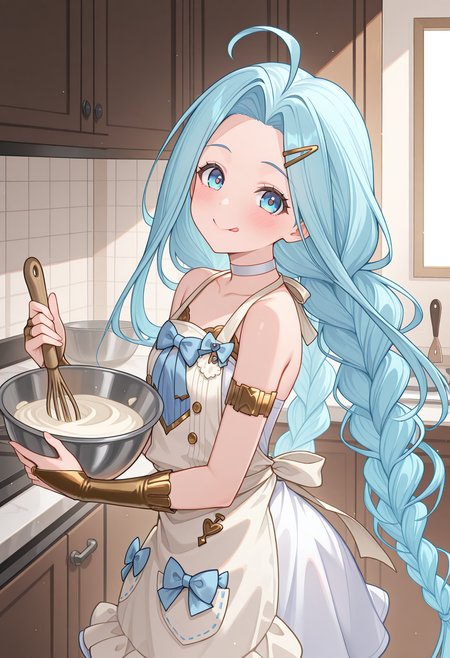 from side, indoors, kitchen, holding, mixing bowl, tongue out, looking at viewer, head tilt, blush, smile, gbfluria, light blue hair, very long hair, ahoge, blue eyes, lyrqta, twintails, twin braids, hairclip, choker, bare shoulders, collarbone, blue bow, white dress, white apron, gold trim, ribbon, armlet, bridal gauntlets, <lora:_lyria-elesico-ilxlC:1> highres, best quality, masterpiece,
1girl, solo,