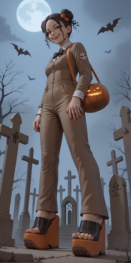 score_9, score_8_up, score_7_up, score_6_up, realistic,
wide angle, standing, low angle, foot focus, from side,
standing,
1girl, dark skin, goth, curly hair buns, round glasses, hair ornament, evil smile, fangs,
ï»¿(mega wedge heels:1.1), platform footwear, (black footwear:1.1),
orange romper, skintight clothing,
halloween scene, fog, cemetery, night,
orange toenail polish,
embedding:zPDXLrl ,
embedding:zPDXL2 ,