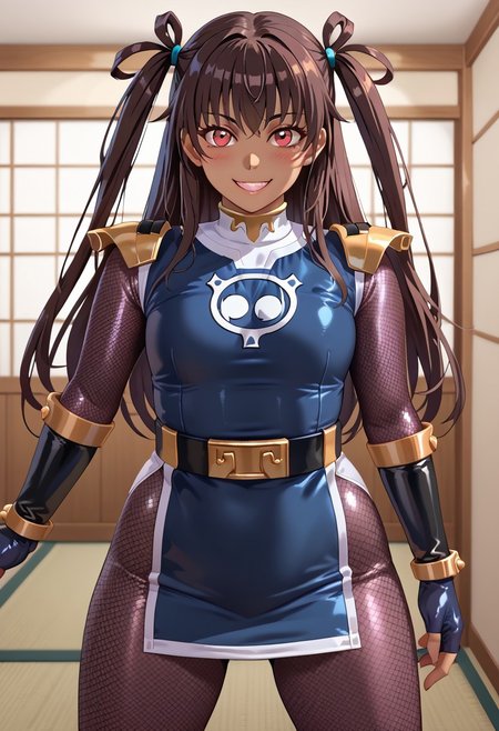score_9, score_8_up, score_7_up, BREAK,
1girl, solo, defYuki, tan, dark-skinned female, brown hair, red eyes, two side up, long hair, sentaikageblue, shiny clothes, spandex, silver bodysuit, fishnet bodysuit, bodysuit under clothes, black dress, shoulder pads, black belt, black gloves, boots, boots, blush, small smile, looking at viewer, indoors, tatami, sliding door, room, night,