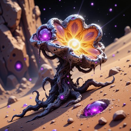 highly detailed, intricate, detailed background, award-winning macro photo, short depth of field, fractal art, in the inexplicable and mancfrubbled dunes of planet "flodderhome iii", the mind-bending diminutive "wispy honkshmaggler" with its zurbled iridescent bloom and long coiled tendrils harvests moisture from the sylvified air with delicate translucent membranes, dry biome, dappled sunlight, neon hues, golden ratio, in the style of ck-ovf, amanoer, arsmjstyle, dnddarkestfantasy, aidmafluxpro1.1, 
<lora:style-oneviolentfantasy-ep21-flux-by_chronoknight:0.68> 
<lora:style-yoshitaka_amano-elden_ring-flux-by_alicient:0.64> 
<lora:style-dnd_dark_fantasy-flux-by_arsmachina:0.44> 
<lora:flux_pro1.1_detailer-v0.2-flux-by_aidma:0.4>