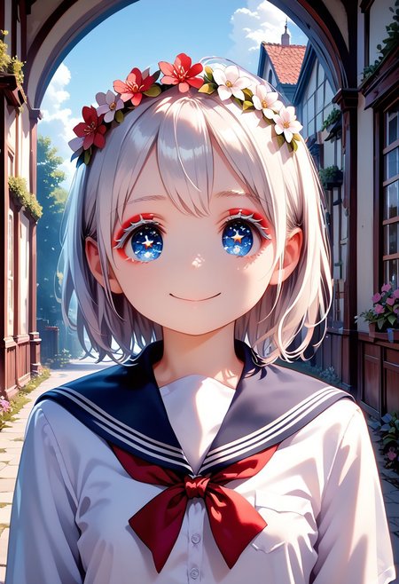 score_9, score_8_up, score_7_up, 1girl, okada style, masterpiece, best quality, ultra high res, smiling, happy, (detailed eyes:1.2), 8K, Best Quality, Masterpiece, Ultra High Resolution, (Realism: 1.4), Original Photo, (Realistic Skin Texture: 1.3), (Film Grain: 1.3), Sapphire Color Eyes and Beautiful Face Details, Highest Quality Picture Quality, white hair, blue eyes, (red eyeliner), (white eyeshadow), (white eyelashes) ,set in a fantasy world with sparkling stars, fantasy flower crown on her head, school uniform,messy, indoors, clutter, very aesthetic, scenery, outside, house, garden