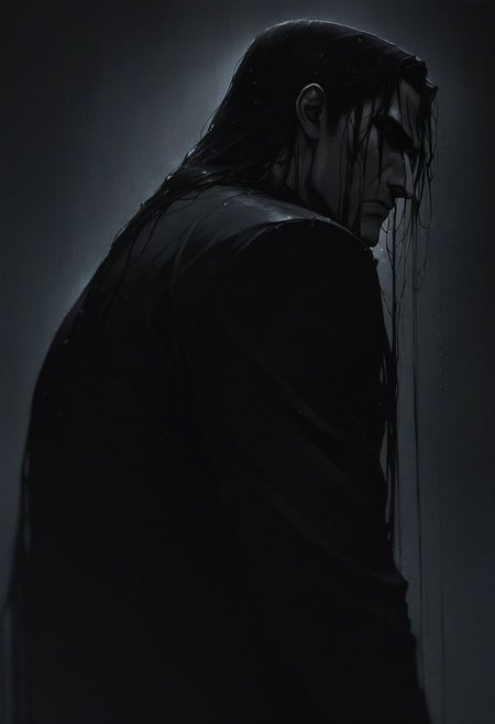 zPDXL2, score_9, score_8_up, score_7_up, source_anime, noir, portrait, mysterious goth man, mature nake, gloomy, sad, depressed, night city, long hair, wet hair, sideview, dramatic, view from below, best quality, dark theme, low light, best quality, bpe-illuminati, depth of field, dof