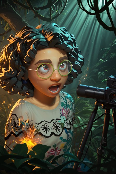 score_9, score_8_up, score_7_up, score_6_up <lora:Dramatic Lighting Slider:2>  <lora:Mirabel_Madrigal-_pony_101:0.8> m1rabel101 close-up of , her face radiating unhinged intensity, eyes wide freckles  and blazing with chaotic, multicolored sparks of magic, reflecting a fractured, prismatic glow. Her skin is lit by stark, cinematic contrasts: blinding golden light slicing across one side, clashing with deep crimson and indigo shadows that carve jagged patterns across her cheeks and brow. Her curly hair is a wild, glowing tangle, strands shimmering with an ethereal, almost electric aura, as if charged with the raw magic of the Encanto. Glistening sweat and faint glowing runes trace her skin, pulsing faintly. The background is a blurred, surreal jungle temple, with bioluminescent vines and chaotic light beams piercing the darkness, casting erratic shadows that dance across her face. Her expression teeters between fierce determination and manic glee, with a hint of unraveling madness. Hyper-detailed, 8k resolution, photorealistic textures, extreme chiaroscuro, vibrant yet haunting colors, every detail screaming surreal intensity."