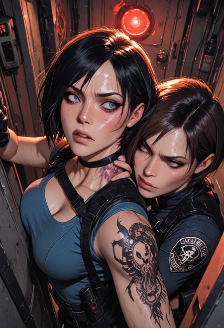 highres, very detailed, amazing quality, masterpiece,
very aesthetic,
particle effect,
2girls, jill valentine, ada wong, tough girl, strong face, toned arms, Covered in Tattoos, tattoo, neck tattoos, resident evil, harness, tactical gear, holsters, pistol holster, large breasts, choker, fingerless gloves, 
leaning against wall, bunker hallway, blast door, alarms, alarm lights,  
Pinned against wall, grabbed from behind, grabbing neck, pressed against wall, infected, bulging veins, bulging neck veins, looking at each other, veins glowing purple, 
beautiful eyes, nervous, surprised, angry, 
closeup, from above,