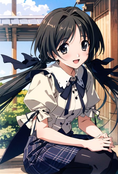 <lora:hotaruShirokawaMemories_v01:0.7>,((shirokawaHotaru)),masterpiece, best quality, extremely detailed, perfect light, colorful, sitting, detailed nature background, cowboy shot, 1girl, solo, focus on face, (happy face:1), open mouth, outdoors, black_ribbon, hair_ribbon, long_hair, plaid_skirt, puffy_short_sleeves, twintails,