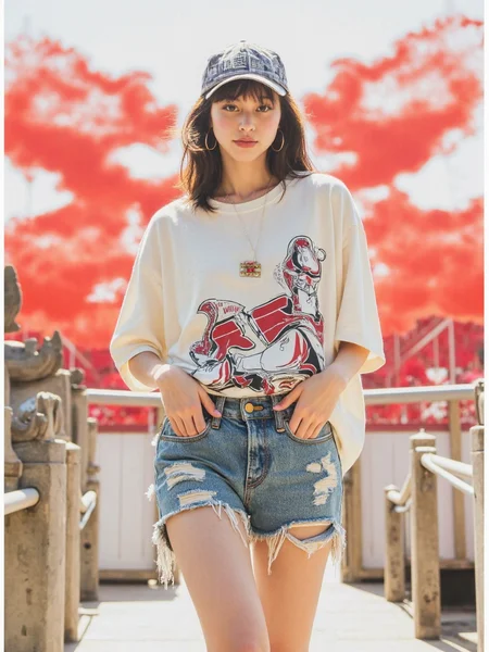 There are wonderful studio lights and various reflections,
18yo beautiful cute girl with blushing and female orgasm.skin naturally showing the texture of blood vessels and detailed pale skin,
--,
<lora:Nakajo_Ayami_f1:1>,she is Nakajo Ayami,
(Oversized_graphic_tee:1.5),(Denim_shorts_with_patchwork:1.4),(Canvas_high-top_sneakers:1.3), In the style of a Soviet propaganda poster,she is in the center of the picture,she is in Tiananmen Square,the background is the Tiananmen Gate Tower in Beijing,China,red flags are waving,red clouds are all over the sky,and the bright sunshine is shining on her face,,#å¤©å®é¨