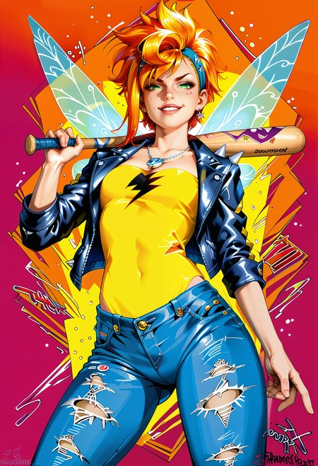 score_9, score_8_up, score_7_up, 1girl, fairy, magical wings, fairy dust, thug, punk, pixie cut, detailed iris, perfect eyes, glowing green eyes,  GESUGAO, PARTED LIPS, EVIL SMILE, HALF CLOSED EYE
tinker bell
(from below, low angle:1.2)
baseball bat on shoulder, dynamic pose
leather jacket, studs, spikes, bandana, head band, broken jeans,
cool, badass, confident
sinozick style, 2d, hud_jem_boxart, colorful retro artstyle, colorful background, neon, 
masterpiece, 8k, 4k, highly detailed
<lora:Expressive_H:1>
<lora:Concept_Gesugao:0.4>
<lora:Jem_80s_Cartoonbox_art:0.8>
<lora:Pony_DetailV1.0:1>
<lora:DetailMaximizer:1>