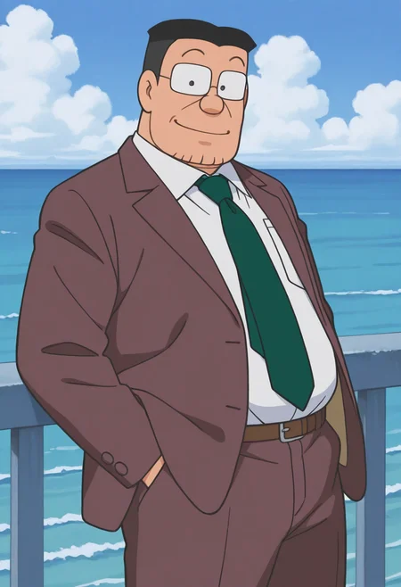 1boy, standing, cowboy shot, blue sky, horizon, ocean, outdoors, smile, leaning back, smile, hands in pockets, looking at viewer, 
BREAK
senseiofnobita, mature male, glasses, black hair, black eyes, dot pupils, retro artstyle, plump, open clothes, 
BREAK
brown suit, white shirt, brown footwear, green necktie, cloudy sky,
BREAK
best quality, masterpiece, very aesthetic, absurdres, highest detailed, very awa, <lora:Sensei_from_late_Doraemon_oyama_edition_v1.0:1>