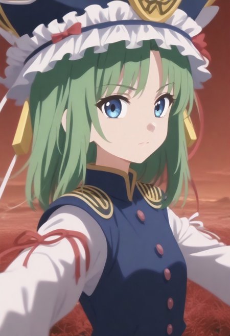 1girl, solo, solo focus, highres, absurdres, shikieiki, 
looking at viewer, head tilt, from side, 
red spider lily, flower field, night sky, red sky, dark, red theme,