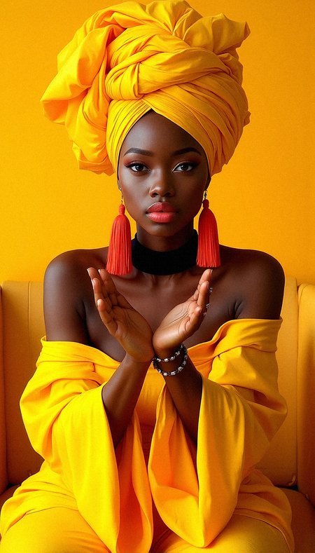 an ultra-realistic portrait of a voluptuous and glamorous african woman dressed in a bright yellow ensemble, set against a matching yellow background that fills the frame. Her deep brown skin radiates warmth and contrasts vividly with the vibrant yellow of her oversized headwrap, which is tied into bold, sculptural bows that frame her face with elegance. The headwrap should have a soft, glossy texture, with folds that catch and reflect light, adding depth and movement to her silhouette. She wears an off-shoulder top with flowing, voluminous sleeves that add a sense of drama and flair to her appearance. Her facial expression is serene yet powerful, with a gaze that is calm and focused, framed by long lashes and a subtle hint of coral lipstick that enhances her features. She wears large, red tassel earrings, which provide a pop of color and contrast against the yellow, adding a modern touch to her traditional attire. Her posture is upright and confident, with a black collar that contrasts subtly with her bright ensemble, adding structure to her look. The lighting should be gentle yet defined, accentuating the textures of her skin and fabric, capturing every detail with photorealistic precision. The overall image should convey elegance, cultural pride, and a celebration of vibrant color, crafted with an eye for detail that brings out the beauty and strength of the subject in a strikingly lifelike manner.Seated on a beige colored leather counch, Leaning forward with hands clasped together, looking directly into the camera with an intense gaze.






