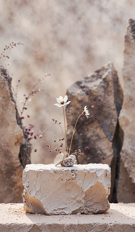 Abstract nature scene Stone podium composition and dry flower on beige brown background. Copy space, front view, split lighting, award-winning, selective focus. Dramatic unusual scene. Beauty world, breathtaking photograph, lensflare and bokeh effects