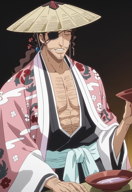 safe_pos, safe_pos, score_9, score_8_up, rating_nsfw, ultra hd, absurdres, best quality, ultra quality, masterpiece, masculine, solo, 1boy, male focus, best anatomy, best eyes, best hands, sexiest man alive, erotic, gay porn, hand with five fingers, mature male, anime screencap

BleachKyoraku, ponytail, facial hair, brown hair, haori, japanese clothes, straw hat, eyepatch, dutch angle, nipples, happy trail, pubic hair, lovey dovey, comedic, funny, sake, drinking sake, sitting down, Expressiveh
