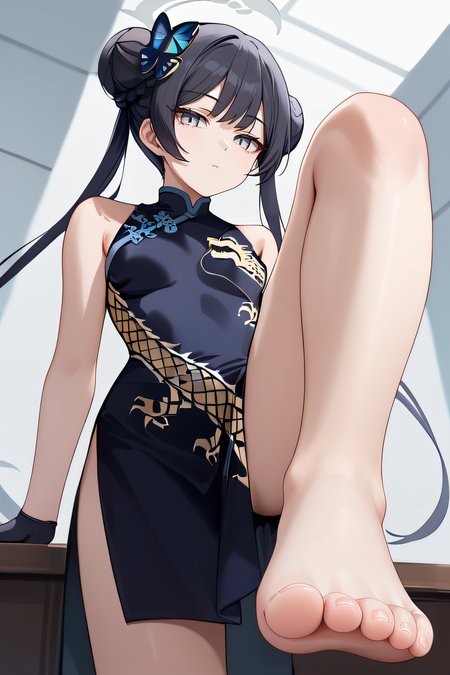 score_9, score_8_up, score_7_up, source_anime, rating_safe, intricate details, 1girl, solo, <lora:Kisaki_V2:1>, kisaki, black hair, double bun, grey eyes, halo, long hair, sleeveless dress, black dress, china clothes, black gloves, looking at viewer, indoor, expressionless, barefoot, standing, feet focus, from below, raised leg, foot, breath, uncensored, five toes