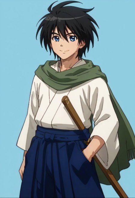 ((masterpiece)), ((best quality)), ((ultra-detailed)), score_9_up, score_8_up, score_7_up, HD, top quality, best quality, High-quality illustrations, anime screencap, perfect anatomy, ((1male, 1boy, solo male, solo male focus)), anime, anime boy, male anime character, Yoichi Karasuma, black hair, long messy hair, blue eyes, handsome, attractive, cute, happy, big smile, cheerful expression, Yoichi Karasuma, black hair, long messy hair, blue eyes, long green scarf, japanese clothes, long blue hakama skirt, wooden boken sword on hips