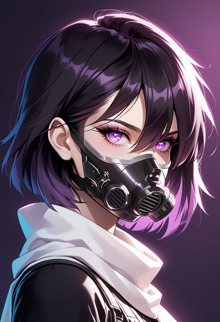 https://civitai.com/images/70944037
{{amazing quality, best quality, high quality, very aesthetic}}, 1girl, solo, simple background, dramatic lighting, backlighting, glowing eyes, medium hair, black hair, hair between eyes, spiky hair, purple eyes, black respirator, gasmask, white scarf, futuristic, cyberpunk, from the side, side view, portrait, looking at viewer, black bodysuit, skintight