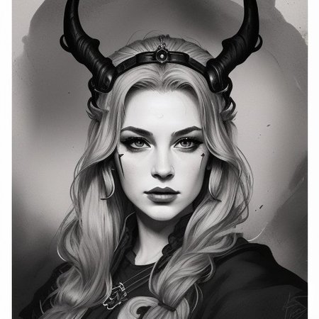 Ink portrait of a beautiful viking princess.
Colors Red and Black.
Ink style.