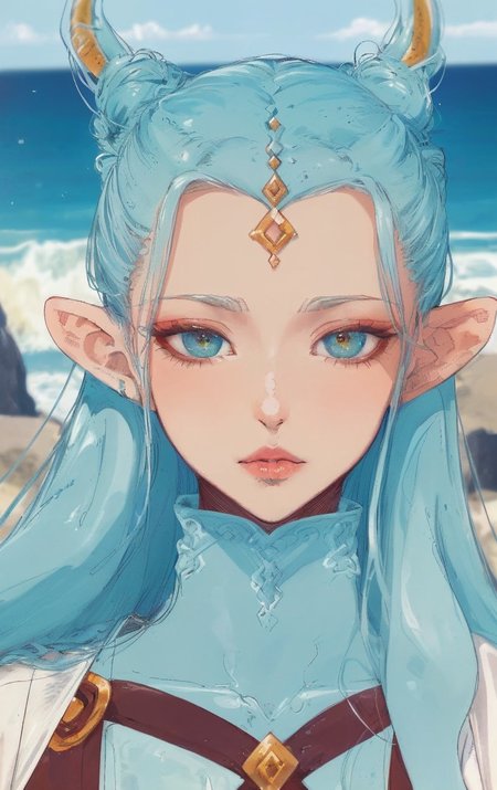 artwork <lora:Moebius:1>, Close Up of on the left 1woman 60yo (Praskovya Selezneva:1.3), Man Bun hair, on the right 1man 35yo (Margeir Hafliðason:1.3), Layered hair dream world, coastline