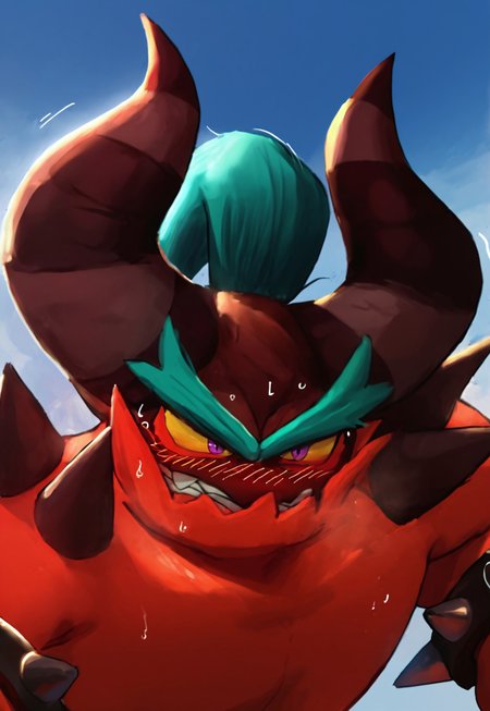 safe_pos, score_9, score_8_up, score_8, score_7_up, score_7, source_furry, rating_explicit, best quality,masterpiece,  headshot photo, Zavok, demon, solo, ((red Jaw_guard)), yellow sclera, purple eyes, red eyeliner, striped horns, teal hair, teal eyebrows, black spiked bracelet,red upper body, clench teeth, white teeth, sweat, blush, frown, upper body, blue sky, perfect lighting, (black head)