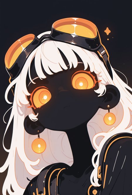 masterpiece, best quality, newest, highres, absurdres,focused subject,no lineart, no outline, 1girl, solo, long hair, looking at viewer, jewelry, yellow eyes, white hair, earrings, orange eyes, glowing, colored skin, goggles, portrait, glowing eyes, goggles on head, chromatic aberration, dark theme,limited palette,from below,dutch angle, in the style of cksc,flatline,