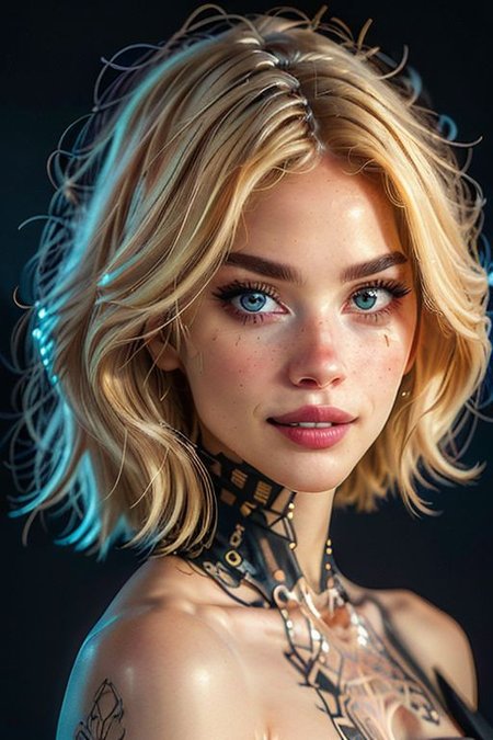 master piece, high quality, looking at viewer, a android girl, short blonde hair, large breast, android, black background, J_diagram, bioluminescent , (20 year old norwegian beautiful slender petite woman supermodel), (wide jaw sharp jawline), (long wavy thick blonde hair), OverallDetail, (Seductive, A sultry gaze, a slightly parted lips, and a hint of a smile.:1.6), ( amazing quality, highly detailed, filigree:1.3), Ultra details++ , add more details, photo of perfecteyes eyes
<lora:J_diagram:0.8> , perfecteyes eyes