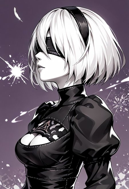 score_9, score_8_up, score_7_up, score_9, score_8_up, score_7_up, 4K, 8K, detailed closeup anime portrait of 2B,  2BNAXL, blindfold, black blindfold, hairband, white hair, short hair, medium breasts, clothing cutout, cleavage cutout, black dress, puffy sleeves, feather-trimmed sleeves, black gloves, monochromemuse, monochrome, greyscale, ink splatter, dark purple background, viewed from side