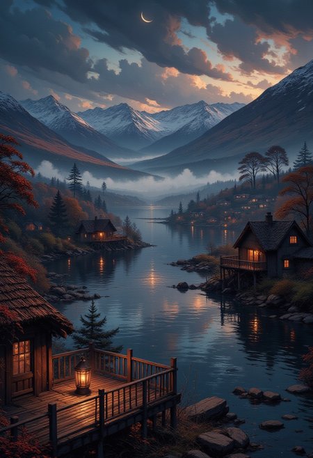 Midnight in the Scottish Highlands
"A heavy mist rolls over a Scottish loch, swirling over dark waters that reflect the crescent moon’s glow. A wooden terrace overlooks the lake, its lantern still warm, as if recently abandoned. Thatched cottages nestle into the hills, their chimneys releasing the last wisps of smoke from dying fires. Somewhere, beyond the mist, the soft creak of a wooden rowboat echoes. Yet the lake remains empty, untouched—except for the ripples spreading across its surface, as if something unseen had just slipped beneath."