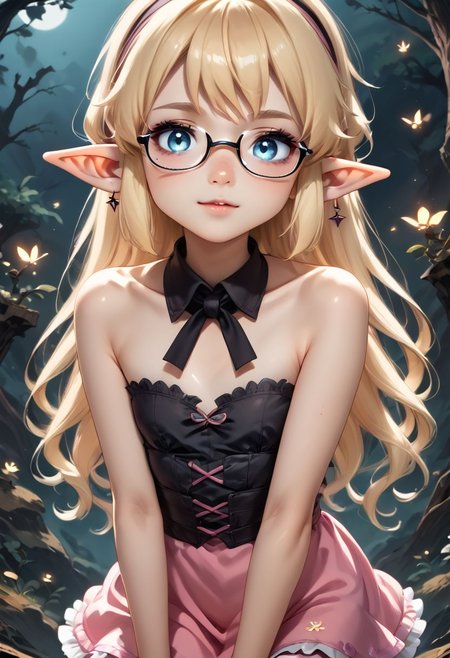 anime art. girl with blonde hair, cute blue eyes, glasses, pointy ears. pink short dress, flat chest, dark woods