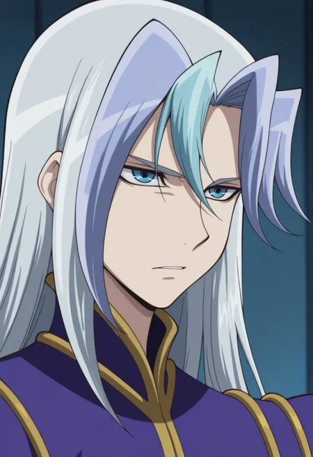 masterpiece,best quality,amazing quality, source_anime, 
chrisArclight, 1boy, male focus, solo, blue eyes, multicolored hair, grey hair, blue hair, long hair, coat, purple coat,  portrait,