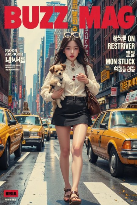 korean girl,A vibrant 1969 fashion magazine cover captures a young woman strolling through a bustling New York street. She wears a modern mini skirt (#FF69B4), lace blouse (#FFFFFF), and sandals (#F5F5DC), holding a puppy and stylish handbag while sporting sunglasses atop her head. The title "BUZZ MAG" dominates the cover in bold red font (#FF0000). Surrounding headlines discuss the moon landing, fashion trends, and youth culture in retro typography. The blurred cityscape behind her features warm tones of yellow (#FFD700) for taxis and deep blue (#00008B) for skyscrapers. A hex color palette box includes additional hues like olive green (#8B864E) for vintage texture, brown (#A0522D) for leather accents, and soft pink (#FFC0CB) for floral patterns, evoking the lively spirit of the 1960s.
,REALNIME,soo,illustration,1girl