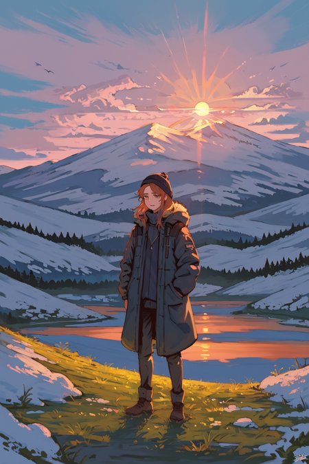 PDXL, source_anime,  <lora:SaishoV1:1>, s4ish0, 
snowy mountain, sun behind it, clouds, 
volumetric reflections, volumetric shadows, HDR, shot on Canon DSLR