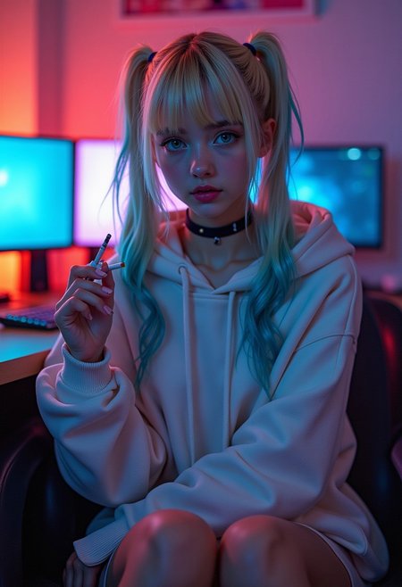 A stunningly sexy photo of a 25-year-old girl with enchanting green eyes and long blonde hair accented by vibrant blue streaks, styled in playful twintails with soft bangs partially covering one eye. She sits comfortably in her cozy room, lit by a mix of warm ambient lighting and vibrant neon hues from her gaming setup, creating a dreamy and immersive atmosphere.
Her outfit features an oversized pastel hoodie that casually drapes off one shoulder, paired with dolphin shorts, revealing her bare legs, adding a touch of effortless beauty. She wears a simple black choker that complements her edgy, gamer aesthetic. Her expression is subtle and indifferent, yet hints at a cheeky, confident charm, holding a cigarette lightly in her hand.
The room is filled with soft shadows and light reflections, creating depth and intimacy. Carefully crafted framing captures her relaxed posture from a slightly low angle, emphasizing her natural allure and drawing the viewer into her personal world. The glow of the gaming setup contrasts delicately with her serene features, highlighting every detail, making her an unforgettable and captivating character.