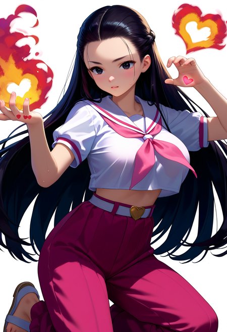 score_9, score_8_up, score_7_up, score_6_up, score_5_up, source_anime,
1girl, solo,
<lora:super_oume_otane:1>, black eyes, hair slicked back, very long hair, black hair,  white serafuku, school uniform, pink neckerchief, pink pants, white belt, sailor collar, short sleeves, sandals:0.5
 shiny skin, sweat, big breasts, upper body, fighting stance, (heart fire on hand:1.5),