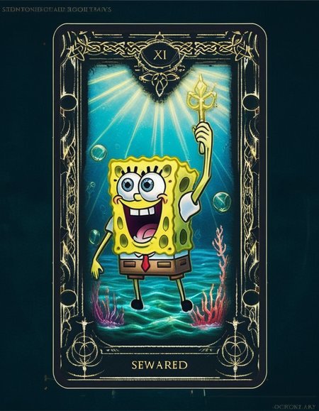 A Tarot card featuring SpongeBob SquarePants as the central character, surrounded by a whimsical underwater scene. SpongeBob, in his iconic square shape and bright yellow color, is positioned at the center, holding a magical trident that symbolizes power and control. The background is a vibrant depiction of Bikini Bottom, with bubbles, coral, and colorful sea creatures adding to the mystical ambiance. The card's border is ornate, reminiscent of traditional Tarot imagery, with symbols and icons related to SpongeBob's world subtly integrated into the design. <lora:edrtcard:0.75>