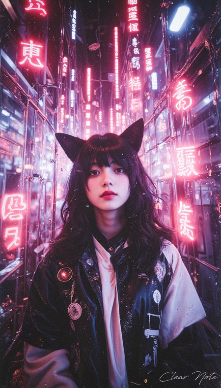 Neo Photorealistic Art Style, A Japanese girl with fox ears and flowing black hair wears a sleek windbreaker jacket. She radiates cutting-edge Neo-Japan futurism, set in a surreal, intricate futuristic background.