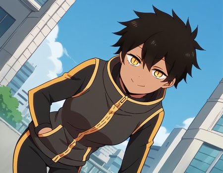 score_9, score_8_up, score_7_up, source_anime,
natsumikurobe, <lora:natsumi-kurobe-s1-ponyxl-lora-nochekaiser:1>,
natsumi kurobe, short hair, black hair, yellow eyes, slit pupils, dark skin, dark-skinned female,
jacket, pants, hood, zipper, tomboy,
cityscape, bent over, smile,
looking at viewer, cowboy shot, solo, dutch angle,