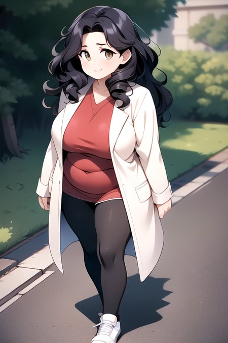 (masterpiece:1.4), high quality, high definition, sharp focus, detailed clothes, detailed body, detailed face, anime, best quality, 4k, 8k, absurd resolution, intricate detail, detailed hands, detailed eyes, animation, illustration, highly detailed, highres, extremely detailed, <lora:ETO_OCC002:0.7> ETO_OCC, black hair, (curly hair:1.5), long hair, thick eyebrows, <lora:hyperdenoiser_v090:0.6>, (looking at viewer:1.6), (plump), (curvy), (thick), (hazel eyes:1.3), (parted bangs:1.4), smiling, <lora:ETO_OC:0.2> ETO-OC, <lora:sensualface_type1:0.6>, seductive smile,  <lora:perfetfingers:1>, prettify, OverallDetail, Illust-InstaFilter, hotify, edgQuality, Earth-QualityPos, BodyPositive, Best_QualityPos, dancing,body roll, Establishing shot, 1girl, breasts, skindentation, <lora:hyperrefiner_v090:0.6>, (full body), <lora:LabCoat-000007:1> lab coat, open coat,
