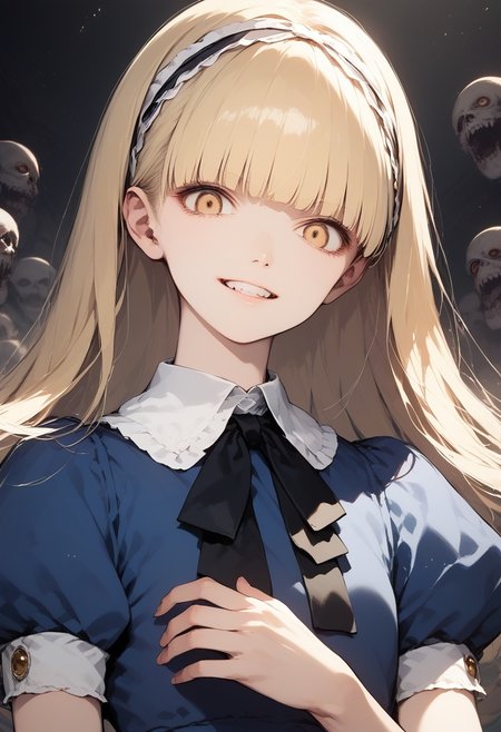 score_9, score_8_up, score_7_up, source_anime, best quality, masterpiece, 
human, female, solo, indoor, mouth closed, evil grin, evil, creepy, horror, 
<lora:zs_AliceXL:1> alicesmt, dress, long hair, blonde hair, hairband, blunt bangs, puffy sleeves, blue dress, yellow eyes,