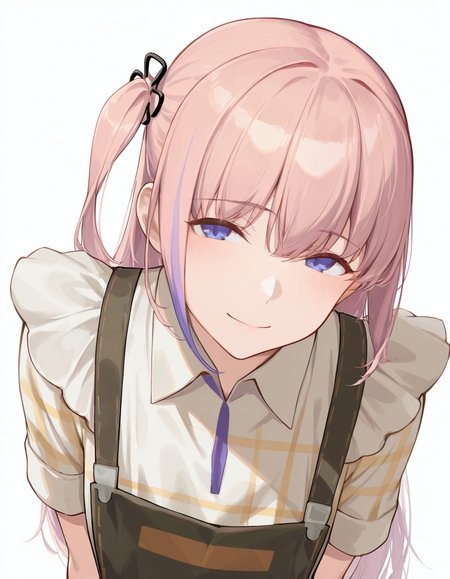 Volumetric Lighting, (masterpiece), (best quality), (ultra-detailed), masterpiece, source_anime, score_9, score_8_up, score_7_up BREAK, illustration, disheveled hair, detailed eyes, perfect composition, moist skin, intricate details, detailed eyes, detailed face, detailed fingers BREAK, blue eyes, pink hair, one side up,streaked hair,long hair BREAK, OwlLatte, OwL_shirt, OwL_apron, AR15_hair_ornament, , BREAK, ((white background)), looking at viewer, smile, upper body, (((face focused)))