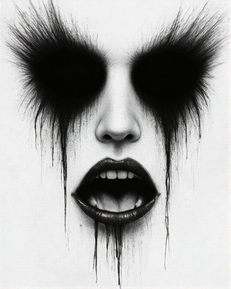 digital drawing in a dark, moody style, resembling gothic or horror art. It features a hauntingly expressive face with an eerie, almost otherworldly quality. The face is set against a stark white background, which contrasts sharply with the dark tones of the drawing, making the features stand out more prominently. The eyes are completely black, with no irises or whites, giving them a vacant, soulless appearance. Tears are depicted as dark, thin lines streaming down from the eyes, adding to the melancholic and sorrowful atmosphere. The mouth is slightly open, revealing a dark, empty space where teeth should be, enhancing the eerie and unsettling nature of the face. The nose is small and pointed, with a dark, almost black hue. The skin is rendered in a smooth, almost chalky texture, with subtle shading that gives the face a three-dimensional effect. The overall tone of the drawing is somber and haunting, with a focus on creating a sense of mystery and unease. The style is highly stylized and exaggerated, emphasizing the emotional impact of the subject rather than realism., aidmaimageupgrader, aidmaMJ6.1