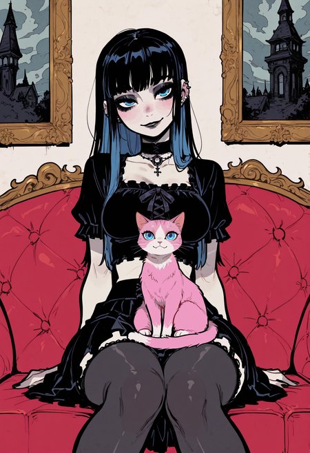 score_9, score_8_up, score_7_up, masterpiece, best quality, very aesthetic, detailed face, (dynamic:1.2), stylized, illustration, dynamic pose, (nsfw:1.2), girl, small nose, highres, absurdres,<lora:ck-shadow-circuit-IL:0.4> in the style of cksc, <lora:mon_monmon2133:0.2> <lora:Rapscallion_Illustrious:0.25> Rapscallionstyle, <lora:incoth:0.25> incoth, (incase:0.6), <lora:r17329_illu:0.35> r17329_illu, <lora:perspective:0.25> facing viewer, from front, (goth girl:1.2), crop top, skirt, blue eyes, black hair, blue hair, happy, medium breasts, wide hips, goth outfit, vector background, couch, 1 cat, pink cat, cute cat, cat on lap, (cat eyes:1.6)âââ