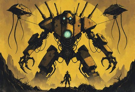 a stylized vintage robot standing in front of a huge menacing vintage steampunk mecha with tech tentacles, antennas and drones, in an alien landscape, western, hyper detailed, sci fi, minimalist_sci-fi_dystopia