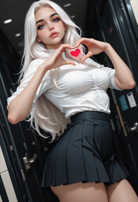 8K, depth of field, focused subject, dynamic angle, sexy pose, best quality, detailed eyes, perfect eyes, realistic eyes, white hair, long hair, blue eyes, thick eyebrows, black eyebrows, mascara, makeup, pink lips, full lips, fit body, small ass, medium breast, realistic breast, BREAK, 
pleated skirt, black skirt, office background, looking at viewer, forming heart hands, 
front view, movie perspective, white shirt, large shirt, dynamic angle, artist:moriimee
 <lora:MoriiMee_Gothic_Niji_Style_Illustrious_r1:0.6>,
 <lora:PowerPuffMixLora:0.5>,