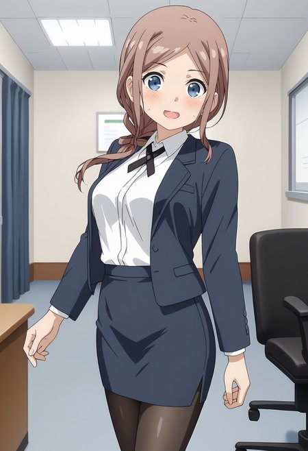 anime screencap,
<lora:OneRoom_OrisakiSayaXL:0.9>,
1girl, solo, open mouth, blush, light smile, sweat,
long hair, light brown hair, parted bangs, hair over shoulder, single braid, blue eyes,
SayaSuit, open jacket, blue jacket, white shirt, cross tie, neck ribbon, black ribbon, long sleeves, pencil skirt, blue skirt,  black pantyhose,
cowboy shot, standing, looking at viewer,
office, indoors, blurry background