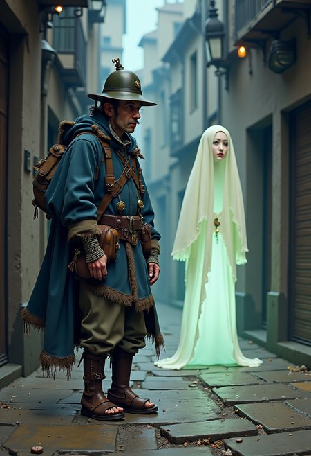 an image in the style of Kit Cox: Corporal Nobby Nobbs, a scruffy, lanky figure, stands awkwardly in a dim alley of Ankh-Morpork. His ill-fitting City Watch uniform is a patchwork of blue fabric and grime, with tarnished brass buttons and a helmet thatâs comically oversized for his small head. The coat hangs off his thin shoulders like a borrowed garment, the sleeves too long and frayed at the cuffs. His belt, crooked and overburdened with odd trinkets, holds up baggy trousers that bunch around his mismatched bootsâone of which has a hole in the toe. Nobby's wiry frame and hunched posture contrast with his wide-eyed expression as he stares, nervous but curious, at the glowing apparition before him. The ghost, ethereal and slightly transparent, casts an eerie, pale light in the narrow, mist-filled street. The scene captures a strange mix of humor and unease, with Nobbyâs awkward stance and the ghostâs floating form creating a bizarre, almost surreal moment.