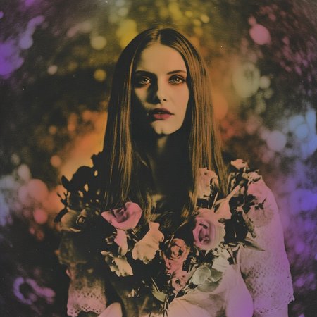 Create an intensely detailed, emotionally charged, and visually overwhelming psychedelic portrait of a woman. Her essence is shattered into multiple, vivid holographic layers, each representing a profound emotional state: joy—exploding with vibrant yellows, oranges, and pinks, adorned with blooming flowers, swirling fractals, and shimmering light rays; anger—dominated by fiery reds, deep blacks, and electric oranges, with sharp, jagged edges, crackling energy bolts, and chaotic, splintered patterns; helplessness—immersed in cold, haunting blues and purples, with watery, melting textures, faint, ghostly shadows, and a sense of sinking into an endless abyss; and transformation—a radiant fusion of iridescent greens, golds, and silvers, featuring intricate mandalas, spiraling galaxies, and a sense of rebirth and cosmic energy.

The woman’s face should be the central focus, her expression morphing subtly to reflect each emotion—her eyes glowing with intensity, her features shifting between serenity, fury, despair, and enlightenment. The holograms should overlap and intertwine dynamically, creating a sense of movement and depth, as if her emotions are alive and battling for dominance.

The background should be a surreal, kaleidoscopic dreamscape—vivid galaxies, swirling nebulas, pulsating neon waves, and intricate, organic patterns that seem to breathe and shift. Add subtle details like glowing particles, floating symbols, and ethereal light trails to enhance the otherworldly atmosphere. The entire composition should feel alive, pulsating with raw emotion, and dripping with psychedelic intensity, as if the viewer is being pulled into her mind and experiencing her journey firsthand