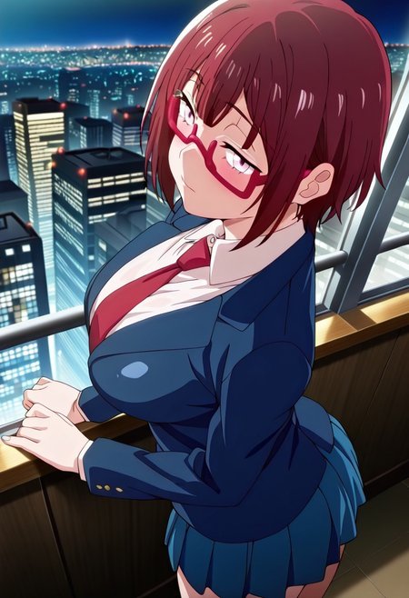 ((masterpiece, absurdres)), best quality, amazing quality, newest, 4k, anime coloring, very aesthetic, ray tracing, Smooth Quality, CG, source_anime,
city view,night,chitose, 1 female, red hair, pink eyes, red glasses, short hair, school uniform, ties,miniskirt,
