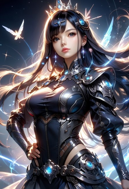 safe_pos, score_9, score_8_up, score_7_up, source_anime,

1girl,
black eyes,
black hair, long hair, bangs, princess cut, hairpin,
large breasts,

hand on hip,
glowing, sci-fi, cyberspace,
dutch angle,