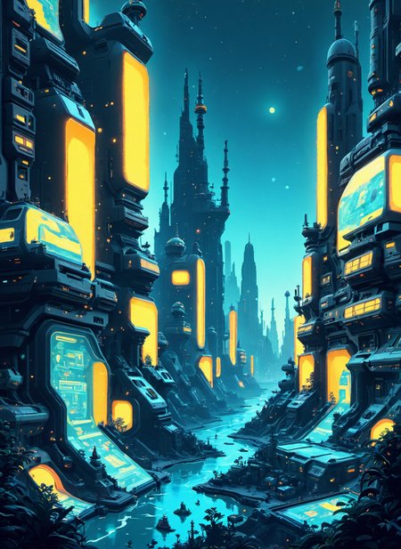 comic strip art, sci-fi environments, surreal cybrk, fluid distortion, papercut The canvas was a riot of colors, with bold brushstrokes depicting a chaotic cityscape. Neon hues clashed and merged, creating a sense of movement and energy. The artistâs vision of a cyberpunk world came to life in vivid, abstract forms., highly detailed, Middle Aged, Candle light, Turquoise, eerie, pristine, apocalyptic  <lora:cybrk-knight:.5> <lora:art-v5:.4> <lora:Sci-fi_Environments_V2-SDXL:.7>