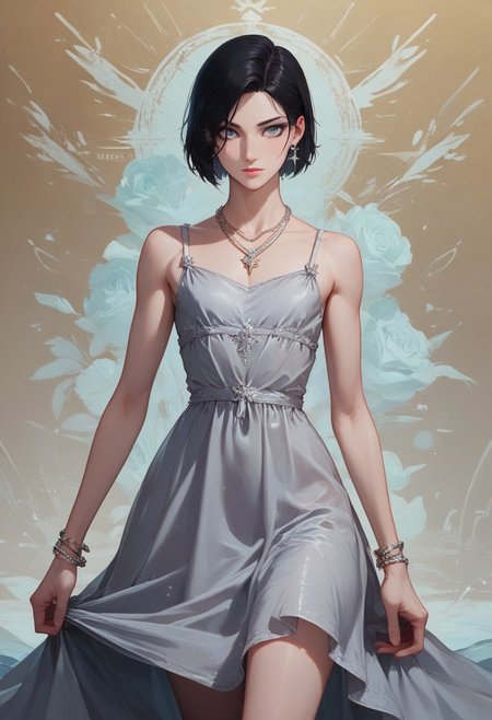 score_9, score_8_up, score_7_up, 1boy, femboy, otoko no ko, short hair, bob cut hair, black hair, grey eyes, gray eyes, feminine face, toned body, Shelly, camisole dress, loose dress, silk dress, earrings, necklace, bracelet, elegant, flowing, highly detailed, intricate, zzCitronCAT, flirty expression, model pose, cowboy shot, looking at viewer, modelshoot, abstract background, solo